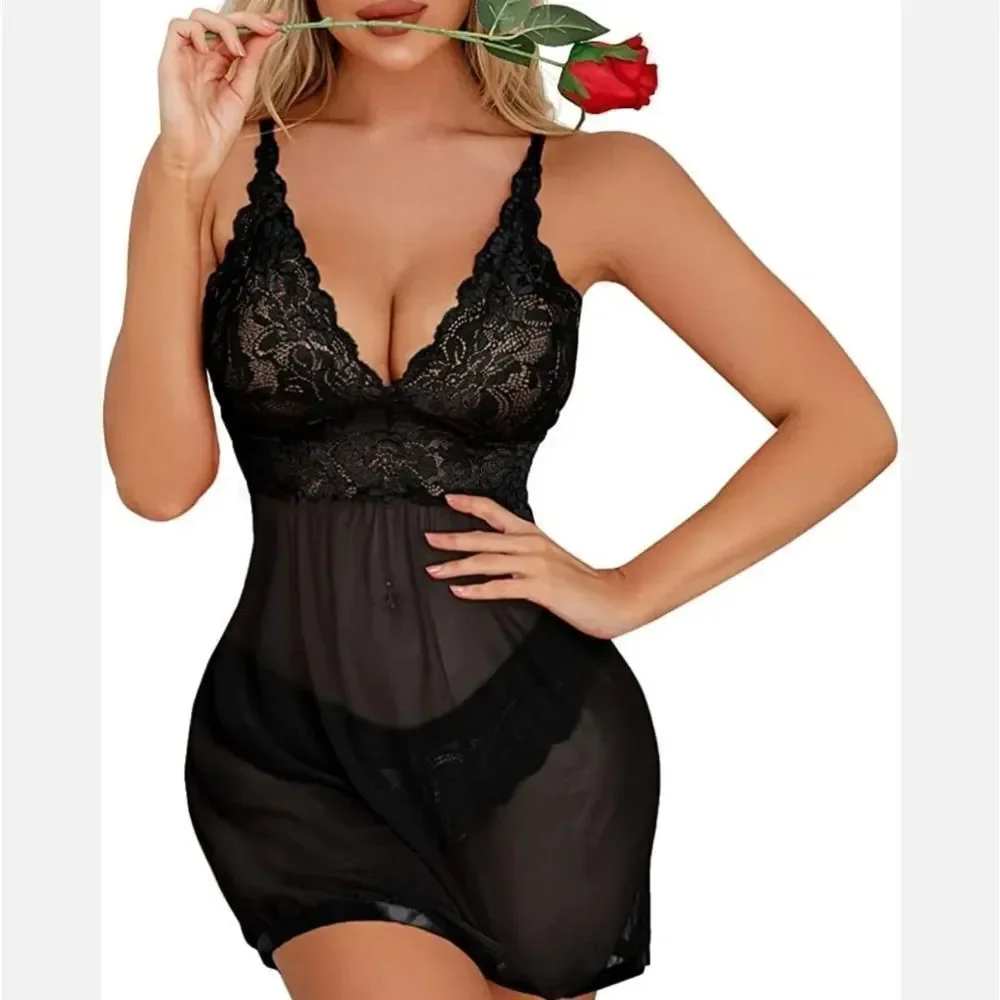 Sexy Lingerie for Women Flower Lace Badydoll Sleepwear Teddy V Neck Pajamas Gift